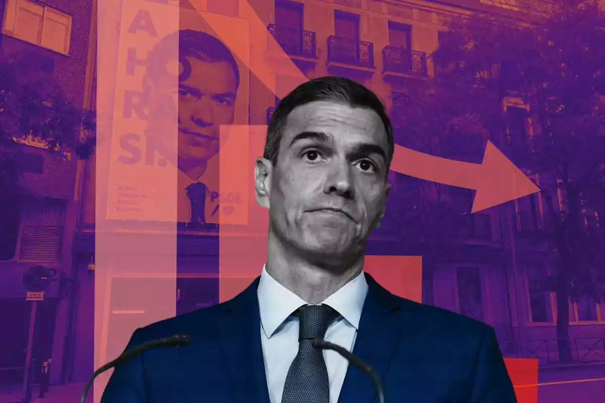 Hombre con expresión seria en primer plano con fondo de edificio, cartel electoral y flechas rojas sobre un filtro morado