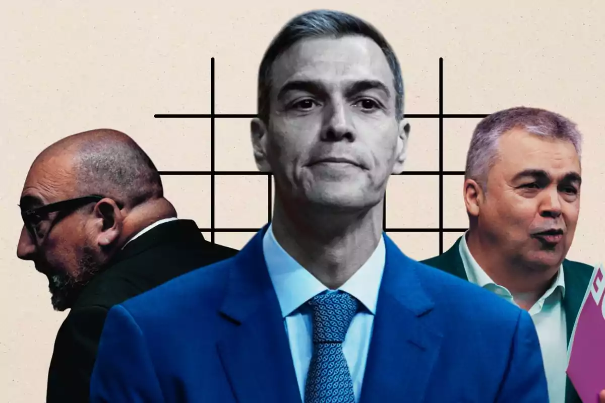 Tres hombres en primer plano con expresiones serias y fondo de líneas negras sobre una pared beige