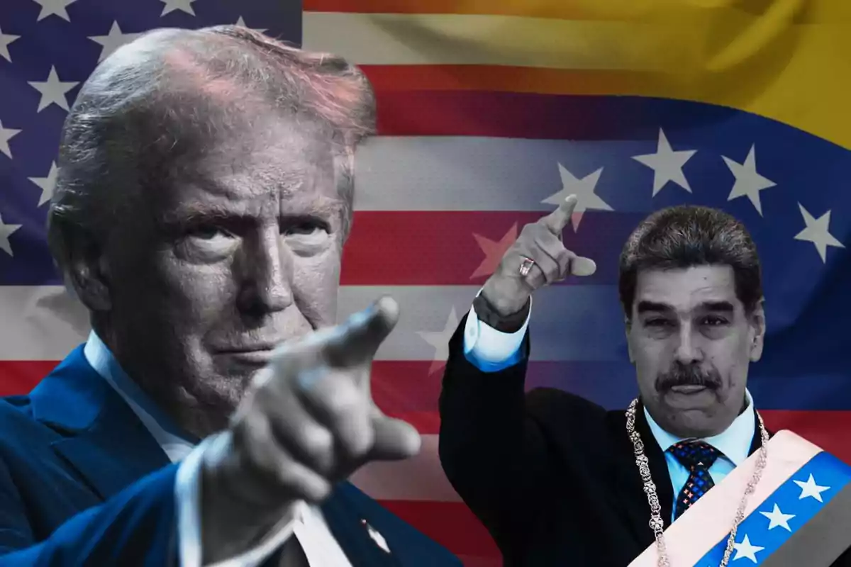Dos hombres señalando al frente con banderas de Estados Unidos y Venezuela de fondo
