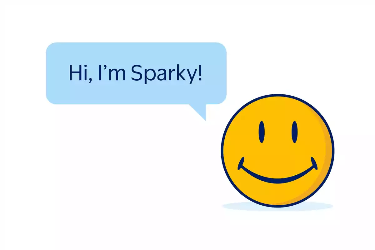 Carita sonriente amarilla con un bocadillo azul que dice Hi, I'm Sparky Carita sonriente amarilla con un bocadillo azul que dice Hi, I'm Sparky