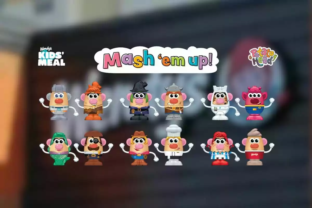 Mr. Potato Head toys with different Wendy’s Kids’ Meal promotional costumes and the text “Mash ‘em up” in the center