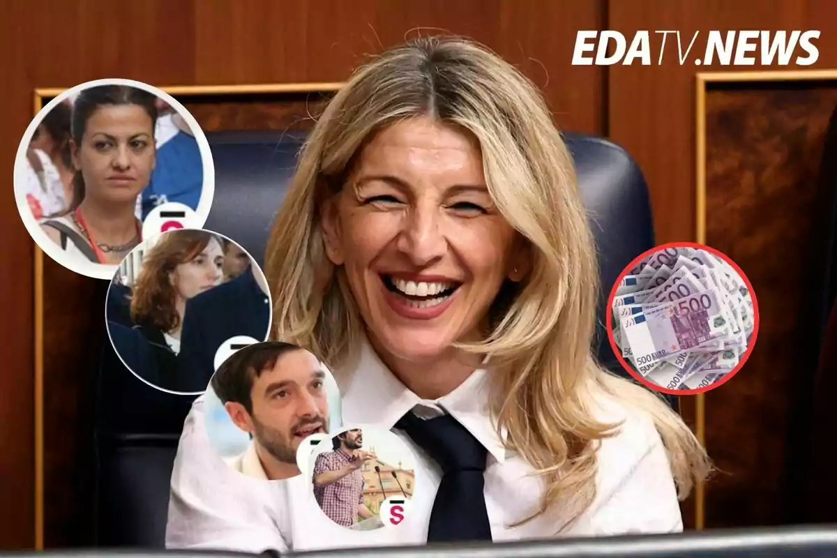 Mujer rubia sonriente sentada en una silla con varios círculos superpuestos que muestran a otras personas y billetes de euro, junto al logo de EDATV NEWS en la esquina superior derecha