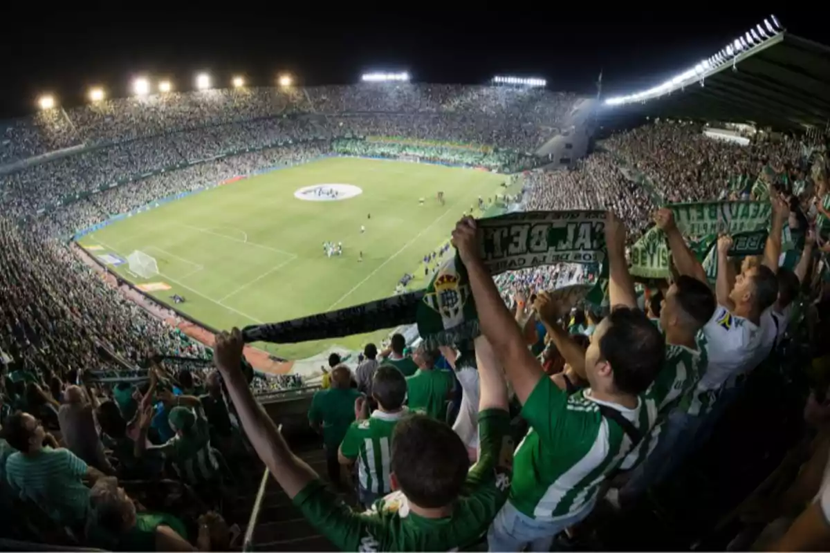 Aficionados con camisetas y bufandas verdes animan a su equipo en un estadio de fútbol lleno durante un partido nocturno Aficionados con camisetas y bufandas verdes animan a su equipo en un estadio de fútbol lleno durante un partido nocturno