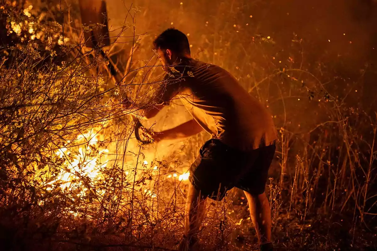 Hombre intentando apagar un incendio forestal en medio de la vegetación durante la noche Hombre intentando apagar un incendio forestal en medio de la vegetación durante la noche
