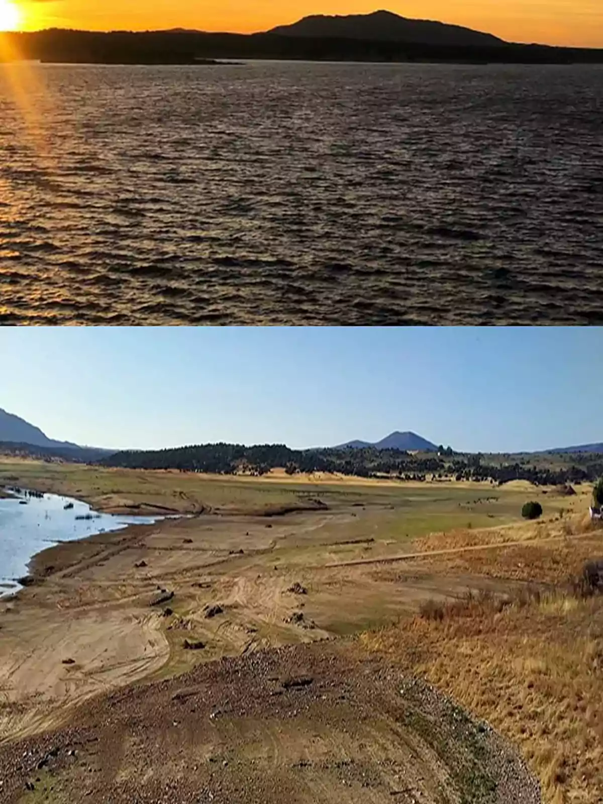 Comparación de un lago lleno al atardecer y el mismo lago casi seco durante el día mostrando el impacto de la sequía en el paisaje Comparación de un lago lleno al atardecer y el mismo lago casi seco durante el día mostrando el impacto de la sequía en el paisaje