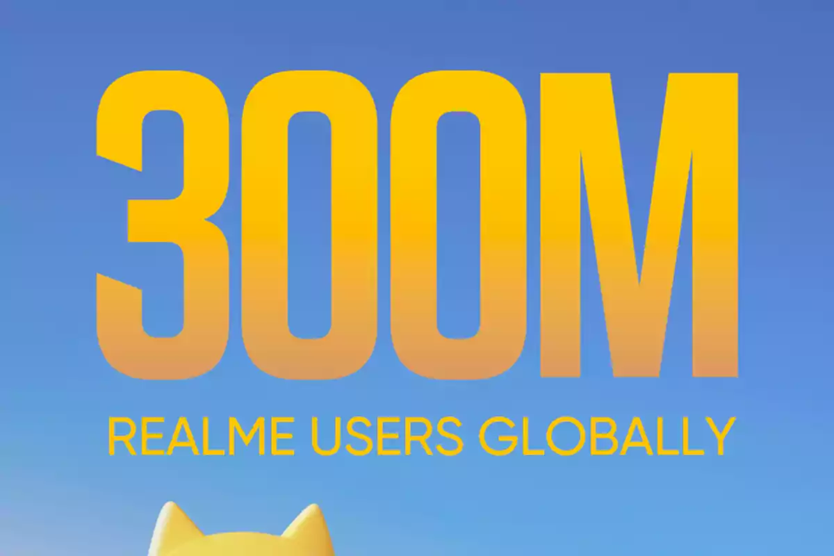 Texto grande en color amarillo que dice 300M y debajo en letras más pequeñas se lee REALME USERS GLOBALLY sobre un fondo azul.