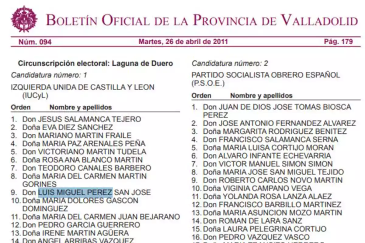 Imagen de una página del Boletín Oficial de la Provincia de Valladolid donde se muestran listas de candidatos de dos partidos políticos para la circunscripción electoral de Laguna de Duero en las elecciones de 2011 Imagen de una página del Boletín Oficial de la Provincia de Valladolid donde se muestran listas de candidatos de dos partidos políticos para la circunscripción electoral de Laguna de Duero en las elecciones de 2011
