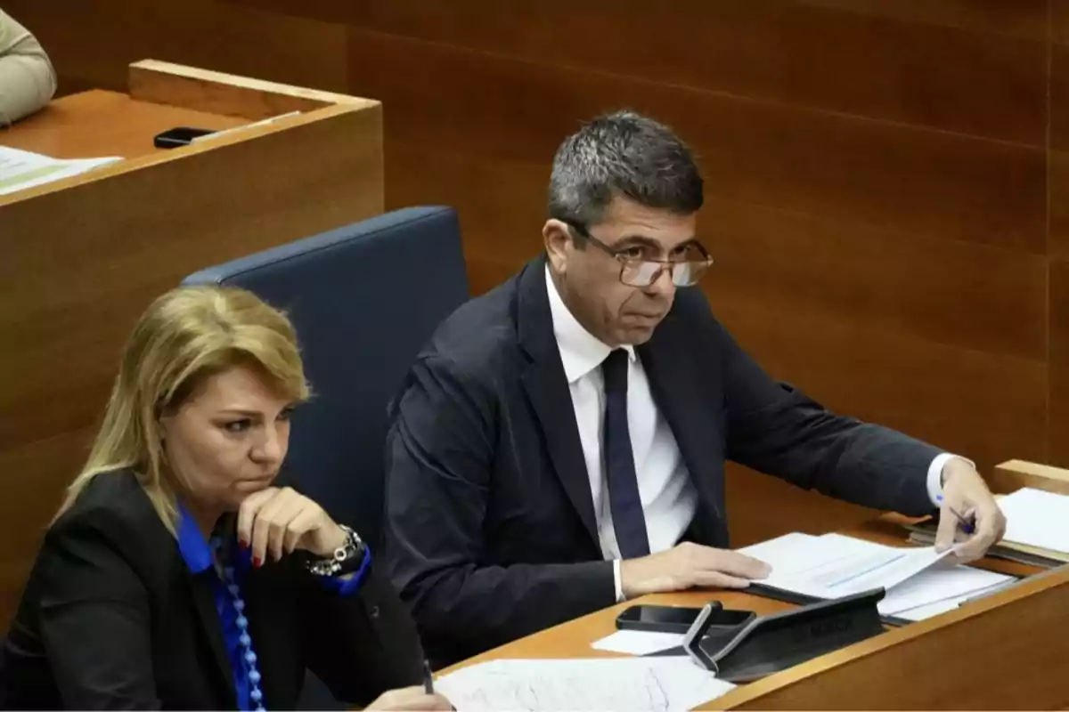 Dos personas con expresión seria sentadas en un escritorio revisando documentos en una sala de reuniones o parlamento Dos personas con expresión seria sentadas en un escritorio revisando documentos en una sala de reuniones o parlamento