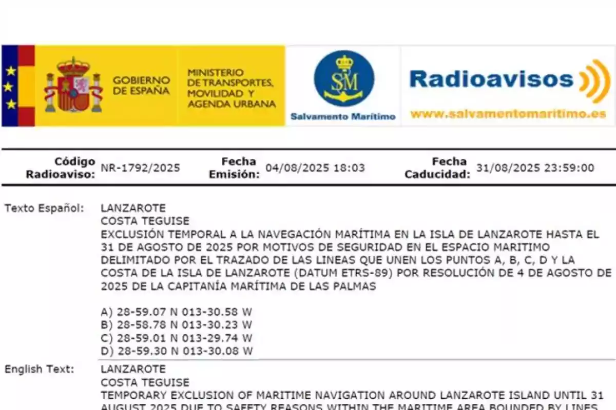 Aviso oficial de Salvamento Marítimo del Gobierno de España sobre la exclusión temporal a la navegación marítima en la isla de Lanzarote hasta el 31 de agosto de 2025 por motivos de seguridad, con detalles de coordenadas y texto en español e inglés Aviso oficial de Salvamento Marítimo del Gobierno de España sobre la exclusión temporal a la navegación marítima en la isla de Lanzarote hasta el 31 de agosto de 2025 por motivos de seguridad, con detalles de coordenadas y texto en español e inglés