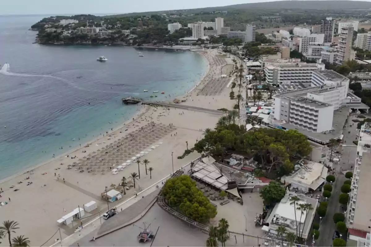 Vista aérea de una playa de arena clara con sombrillas alineadas junto a un mar tranquilo y edificios turísticos rodeados de vegetación Vista aérea de una playa de arena clara con sombrillas alineadas junto a un mar tranquilo y edificios turísticos rodeados de vegetación