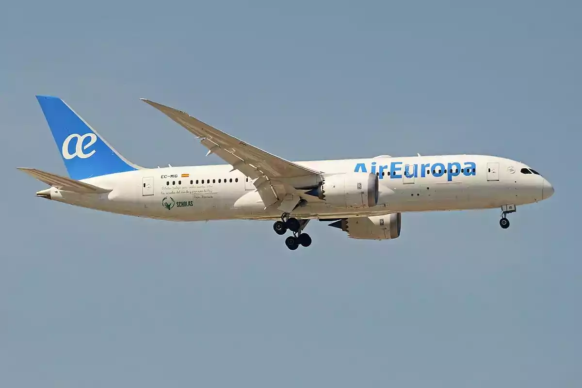 Avión de la aerolínea Air Europa en pleno vuelo con el tren de aterrizaje desplegado sobre un cielo despejado