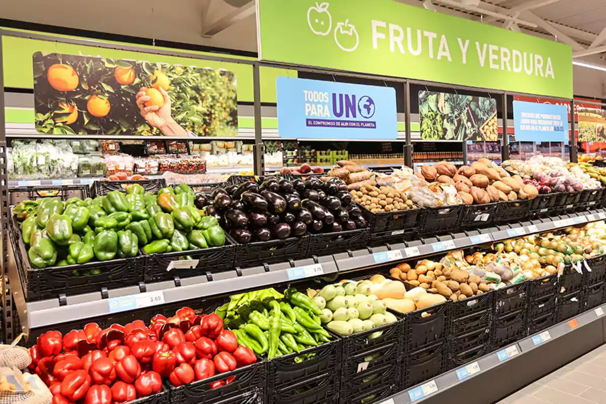 Estante de supermercado con una gran variedad de frutas y verduras frescas como pimientos, berenjenas, papas y calabacines bajo un letrero que dice fruta y verdura. Estante de supermercado con una gran variedad de frutas y verduras frescas como pimientos, berenjenas, papas y calabacines bajo un letrero que dice fruta y verdura.