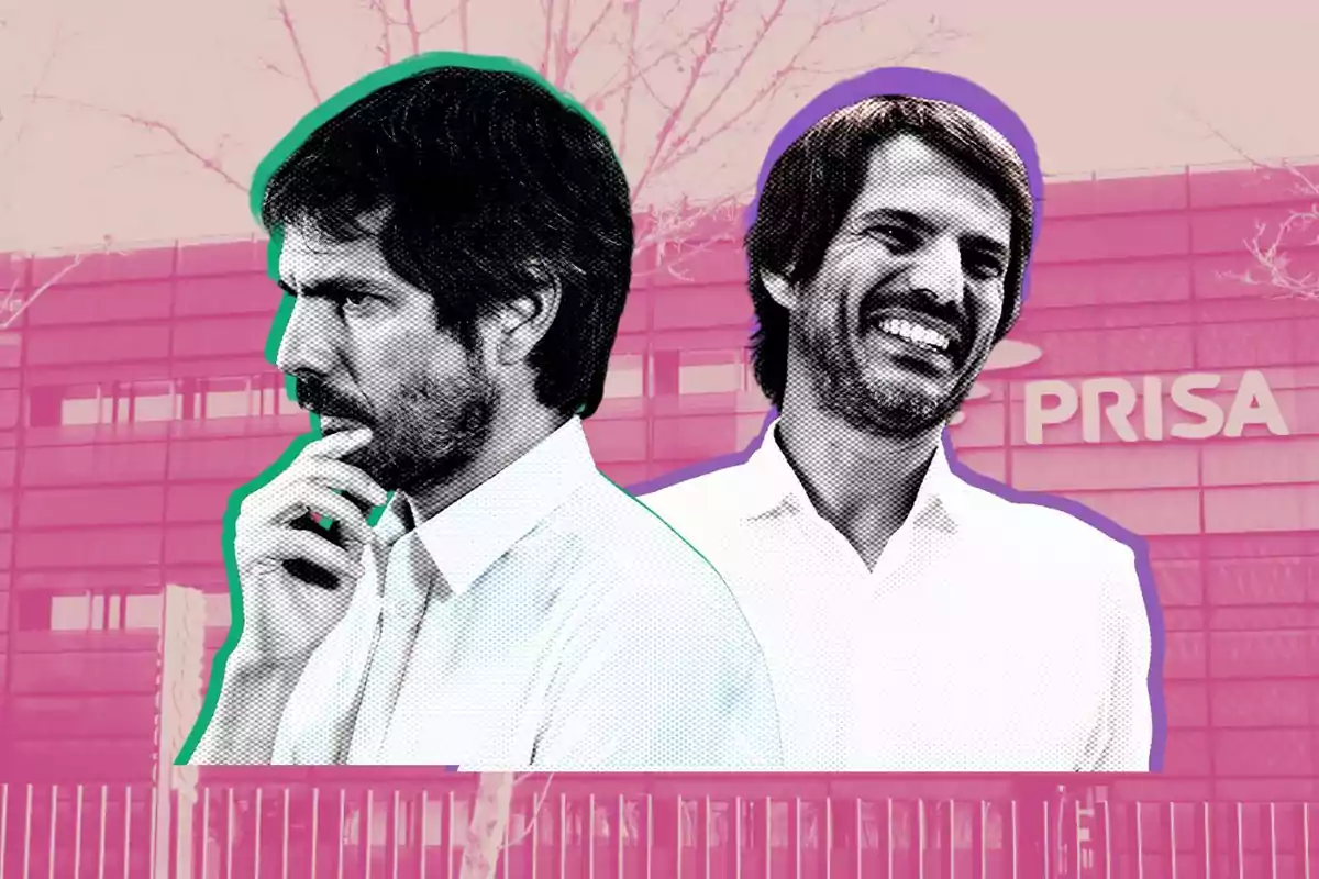 Dos ilustraciones de un hombre con camisa blanca, una pensativo y otra sonriendo, sobre un fondo de edificio rosa con el logo de Prisa.