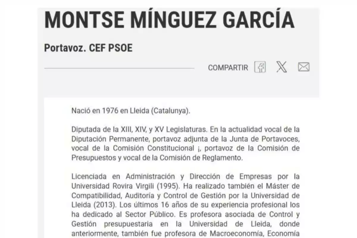 Perfil profesional de Montse Mínguez García, portavoz del CEF PSOE, con información sobre su trayectoria política, formación académica y experiencia laboral en el sector público y la docencia universitaria Perfil profesional de Montse Mínguez García, portavoz del CEF PSOE, con información sobre su trayectoria política, formación académica y experiencia laboral en el sector público y la docencia universitaria