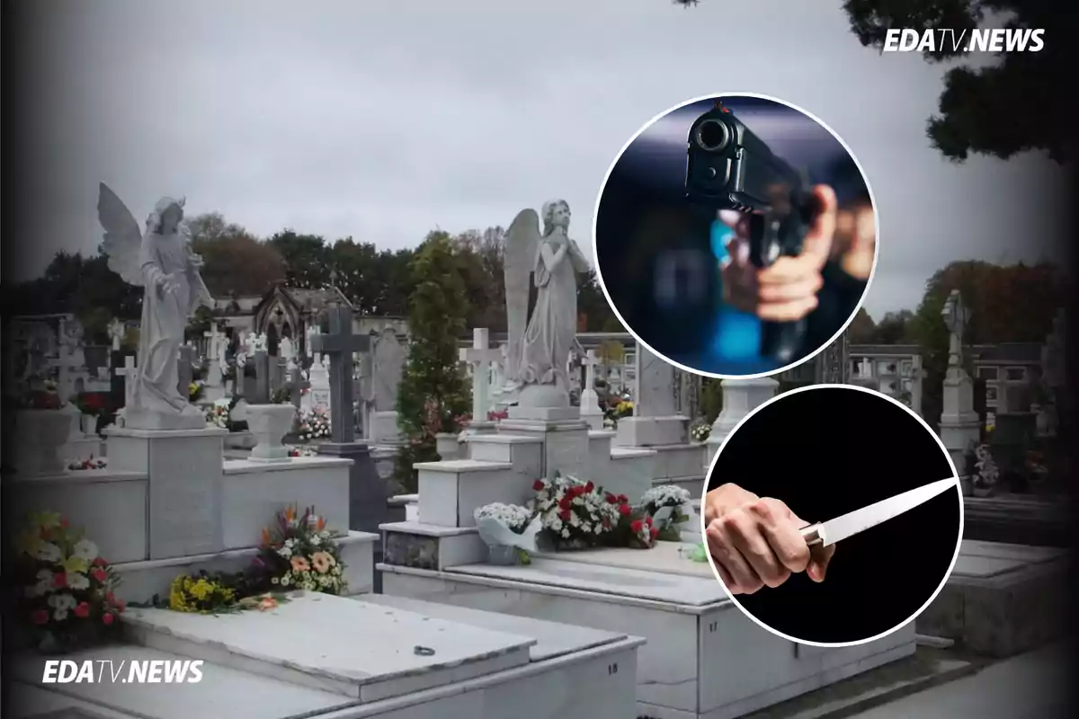 Cementerio con tumbas y estatuas de ángeles, con dos círculos superpuestos que muestran una mano sosteniendo una pistola y otra mano sosteniendo un cuchillo