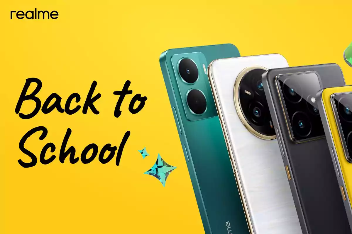 Varios teléfonos inteligentes Realme en diferentes colores sobre un fondo amarillo con el texto Back to School