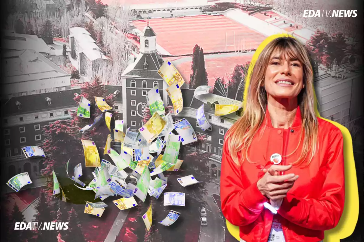 Una mujer sonriente con chaqueta roja aparece en primer plano sobre un fondo de un edificio institucional y billetes de euro flotando en el aire