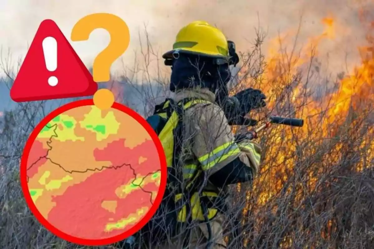 Bombero combatiendo un incendio forestal con un gráfico de alerta y un mapa de riesgo superpuestos