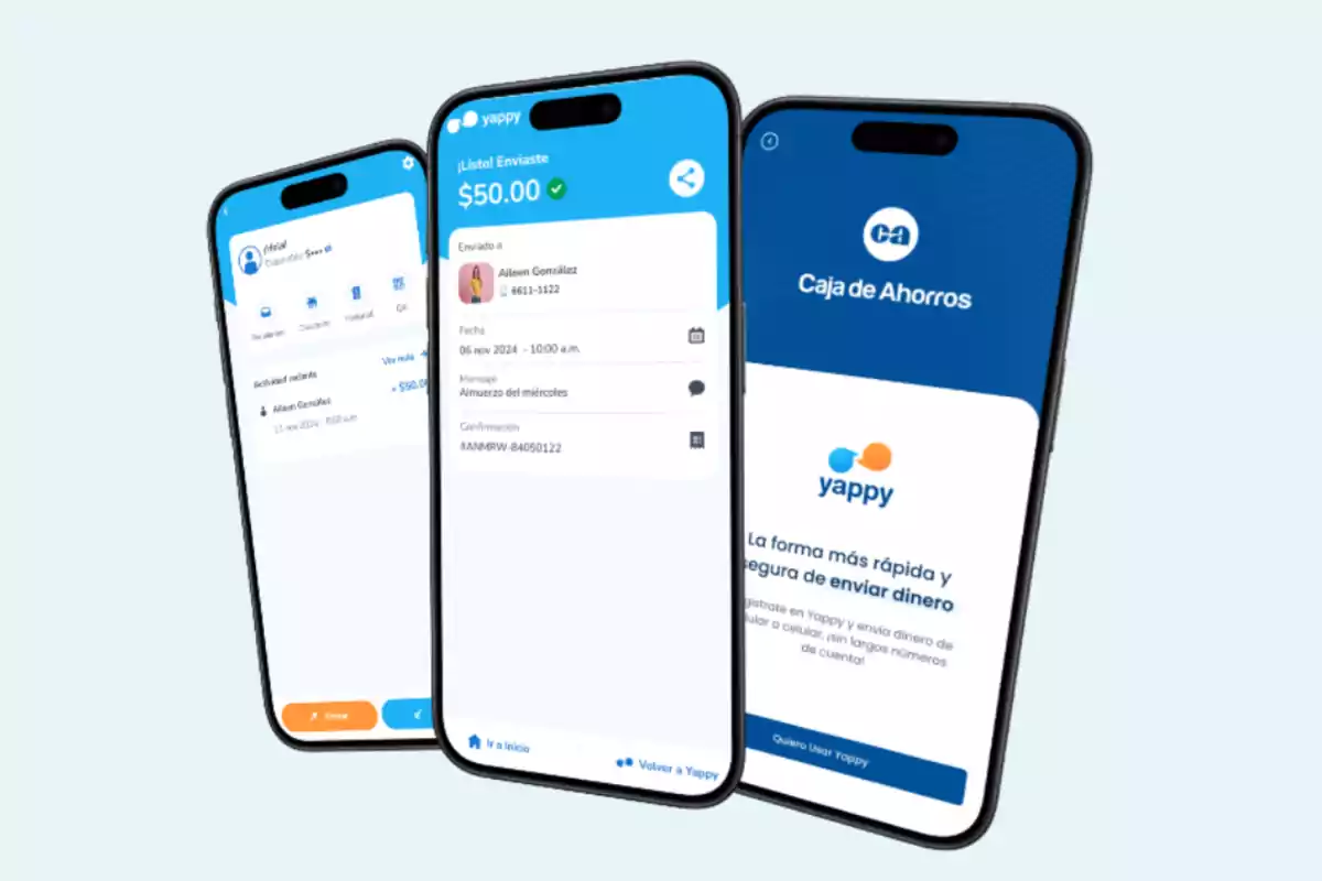 Tres teléfonos móviles muestran la interfaz de la aplicación Yappy de Caja de Ahorros para enviar y recibir dinero de forma rápida y segura