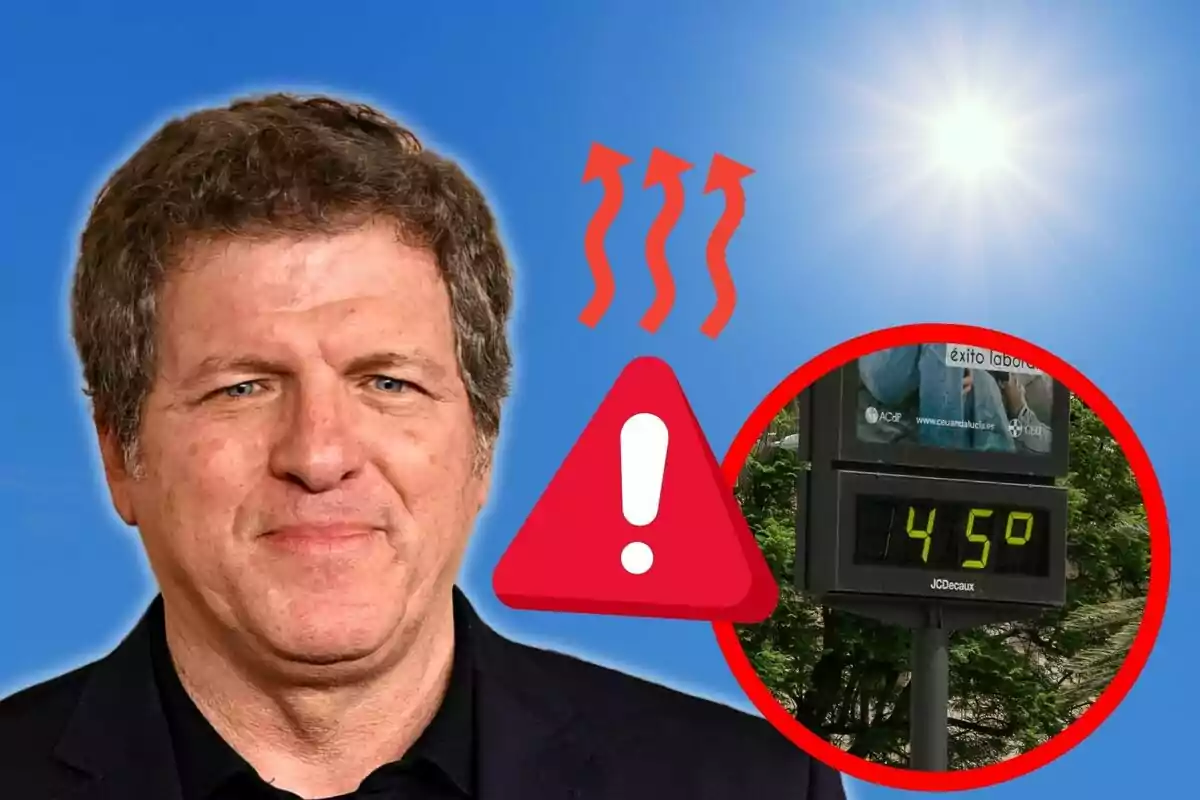 Mario Picazo con fondo azul, un sol brillante, un termómetro marcando 45 grados y un símbolo de advertencia de calor
