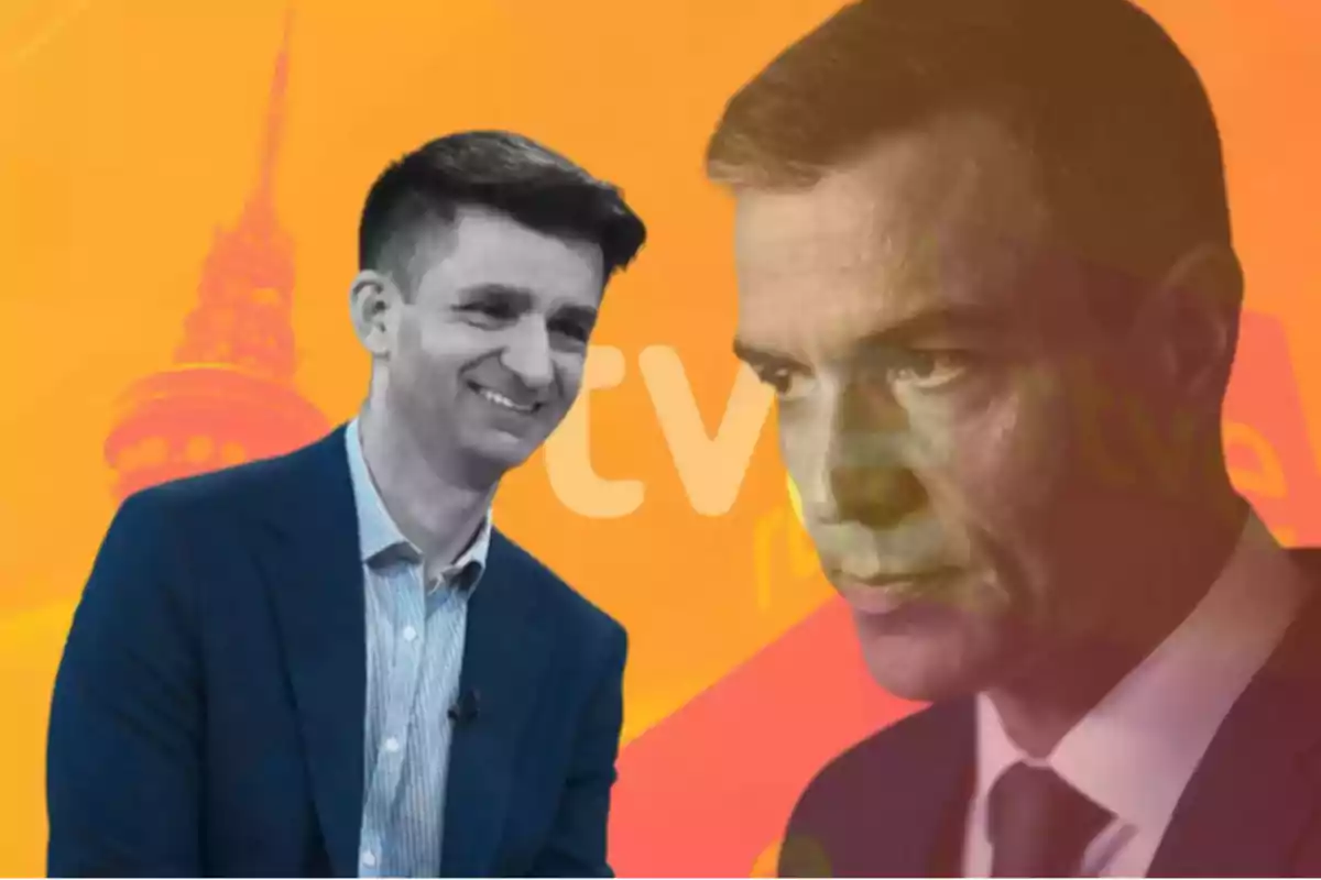 Dos hombres con expresión seria y sonriente aparecen sobre un fondo naranja con el logo de RTVE difuminado