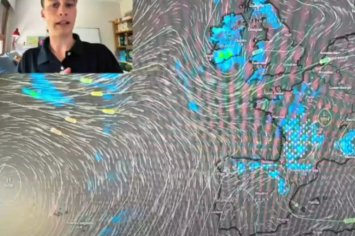 Jorge Rey explicando un mapa meteorológico con corrientes de viento y precipitaciones sobre Europa occidental para segunda mitad de agosto de 2025. Jorge Rey explicando un mapa meteorológico con corrientes de viento y precipitaciones sobre Europa occidental para segunda mitad de agosto de 2025.