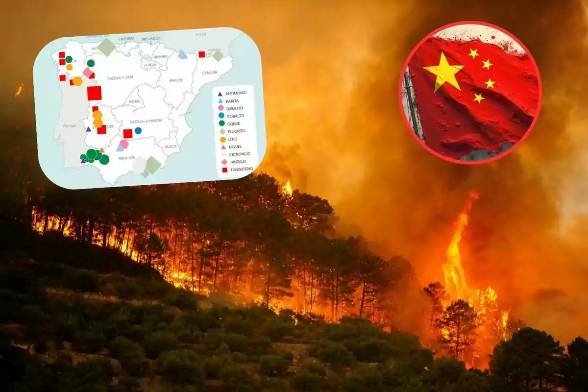 Incendio forestal en un bosque con un mapa de minerales de España y una bandera de China superpuesta