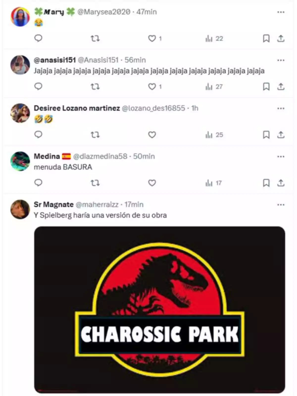 Captura de pantalla de varios tuits donde usuarios reaccionan con risas y comentarios a una imagen editada del logo de Jurassic Park que dice Charossic Park Captura de pantalla de varios tuits donde usuarios reaccionan con risas y comentarios a una imagen editada del logo de Jurassic Park que dice Charossic Park
