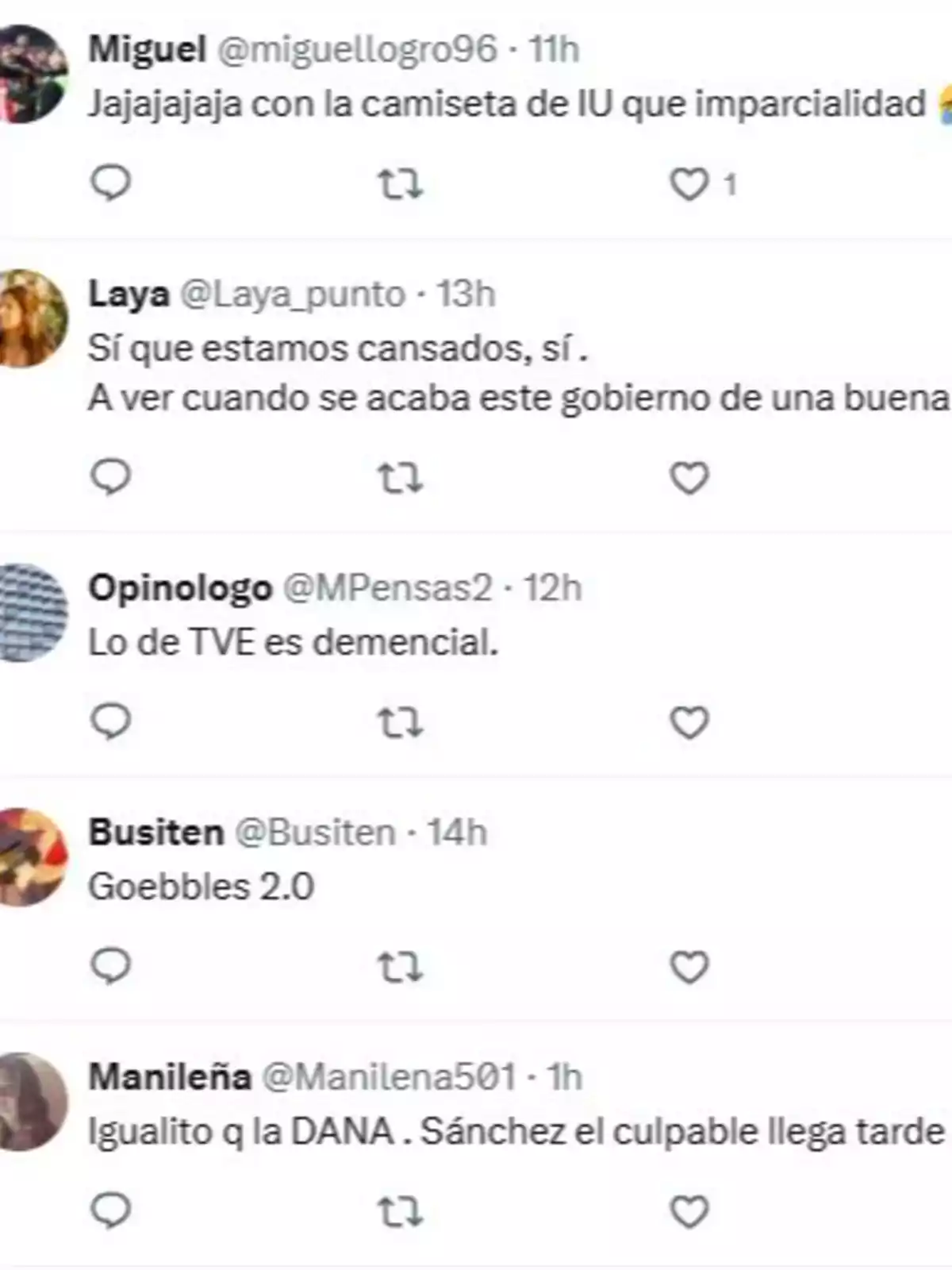Captura de pantalla de varios tuits con opiniones críticas sobre la imparcialidad en televisión, el gobierno y comentarios políticos en España Captura de pantalla de varios tuits con opiniones críticas sobre la imparcialidad en televisión, el gobierno y comentarios políticos en España