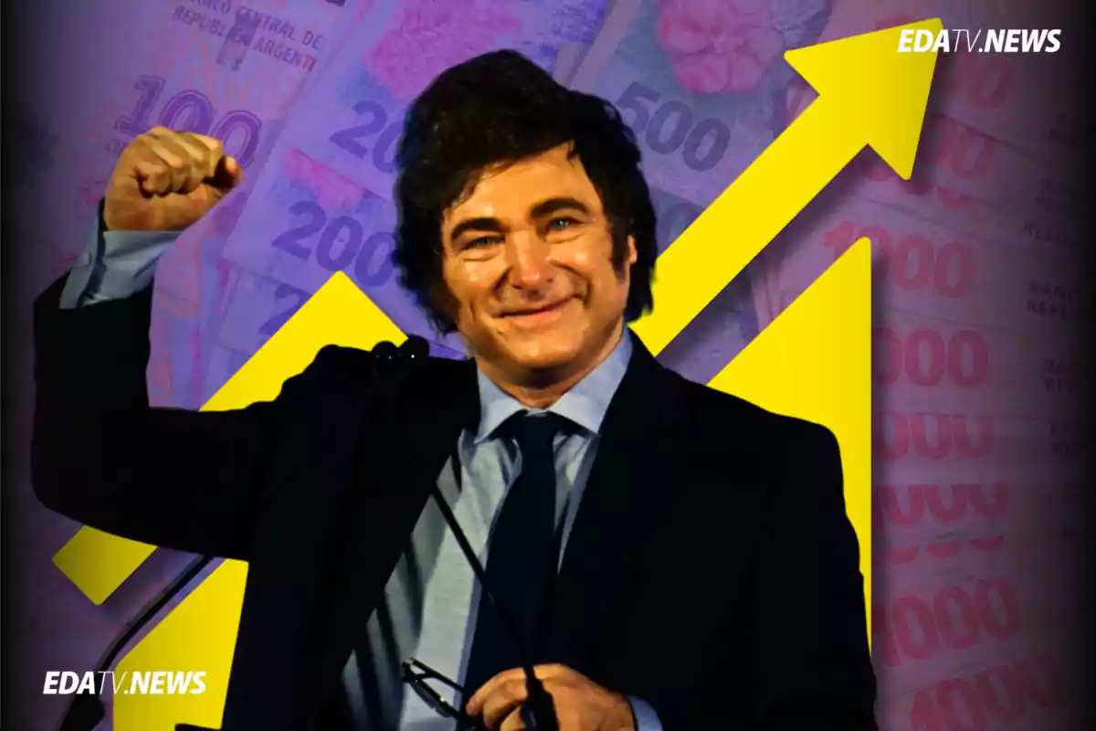 Hombre de traje sonriente levantando el puño frente a billetes argentinos y una flecha amarilla ascendente