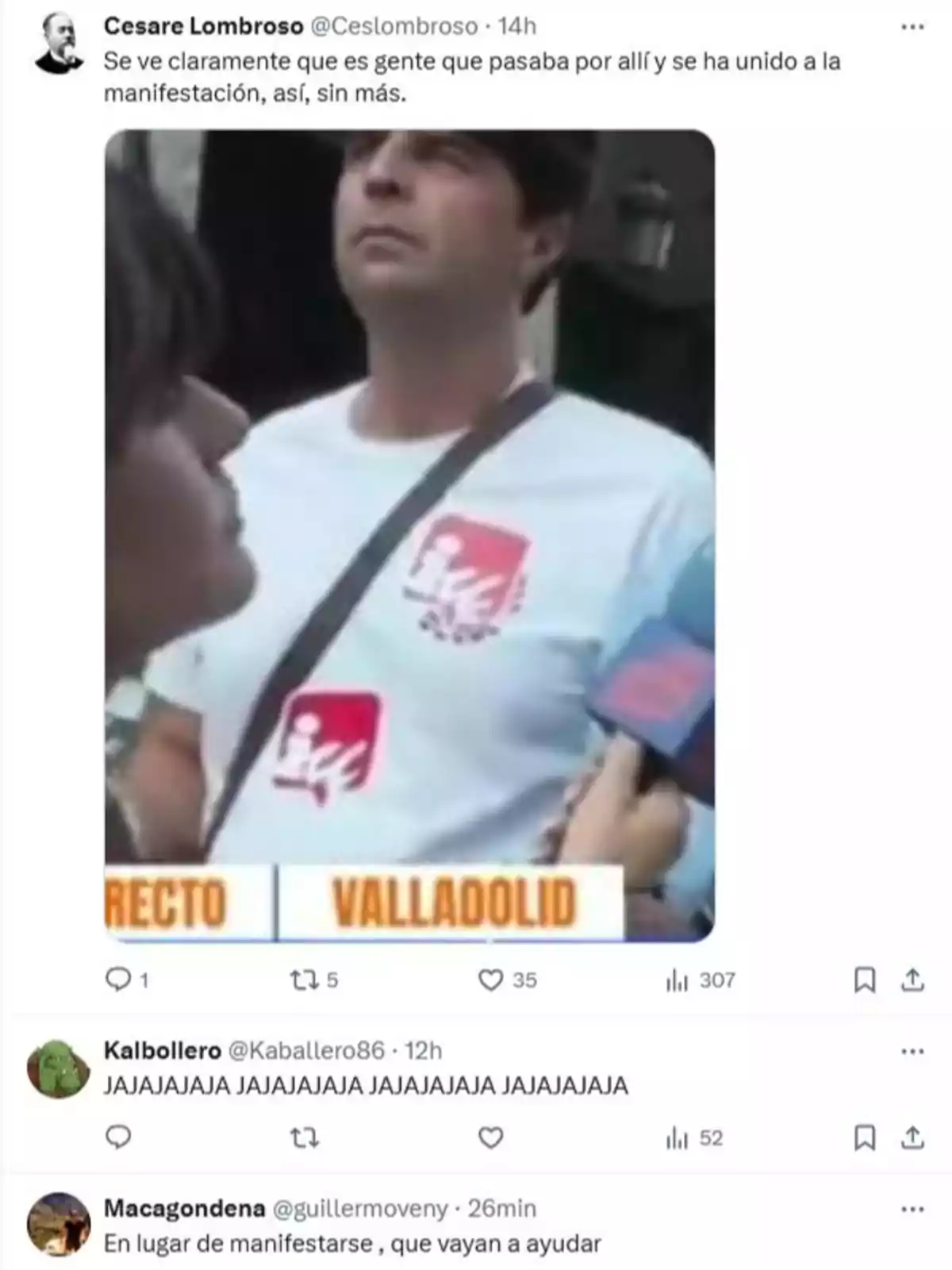 Hombre con camiseta blanca en una manifestación, con un micrófono frente a él y un texto en la imagen que dice recto Valladolid, acompañado de comentarios en Twitter. Hombre con camiseta blanca en una manifestación, con un micrófono frente a él y un texto en la imagen que dice recto Valladolid, acompañado de comentarios en Twitter.