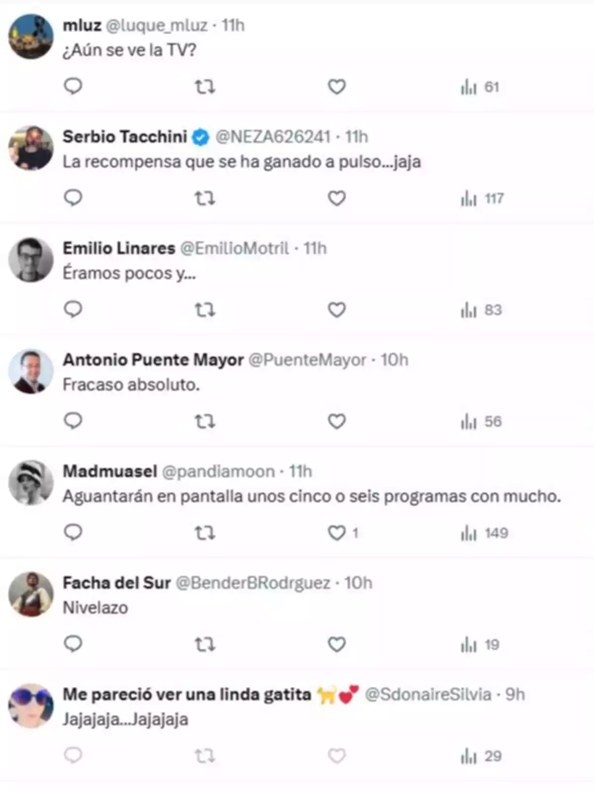 Captura de pantalla de varios tuits con comentarios sarcásticos y críticos sobre un programa de televisión, donde los usuarios expresan dudas sobre su éxito y hacen bromas sobre su calidad y duración. Captura de pantalla de varios tuits con comentarios sarcásticos y críticos sobre un programa de televisión, donde los usuarios expresan dudas sobre su éxito y hacen bromas sobre su calidad y duración.