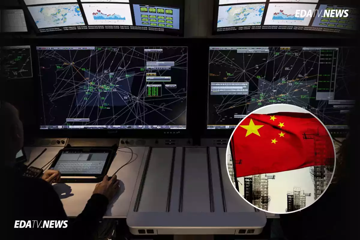Persona trabajando frente a varias pantallas de control con gráficos y mapas, junto a una imagen superpuesta de la bandera de China