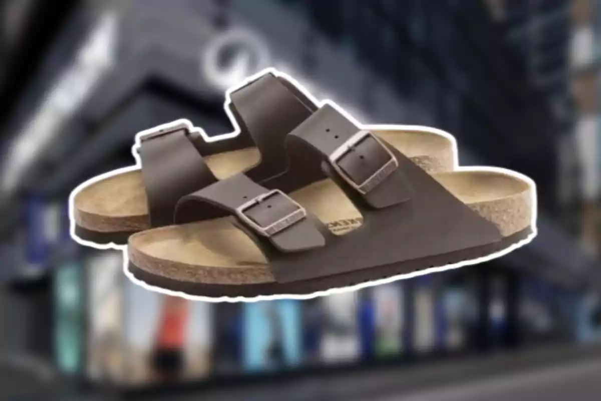 Sandalias de color marrón con dos correas y hebillas metálicas sobre un fondo urbano desenfocado Sandalias de color marrón con dos correas y hebillas metálicas sobre un fondo urbano desenfocado