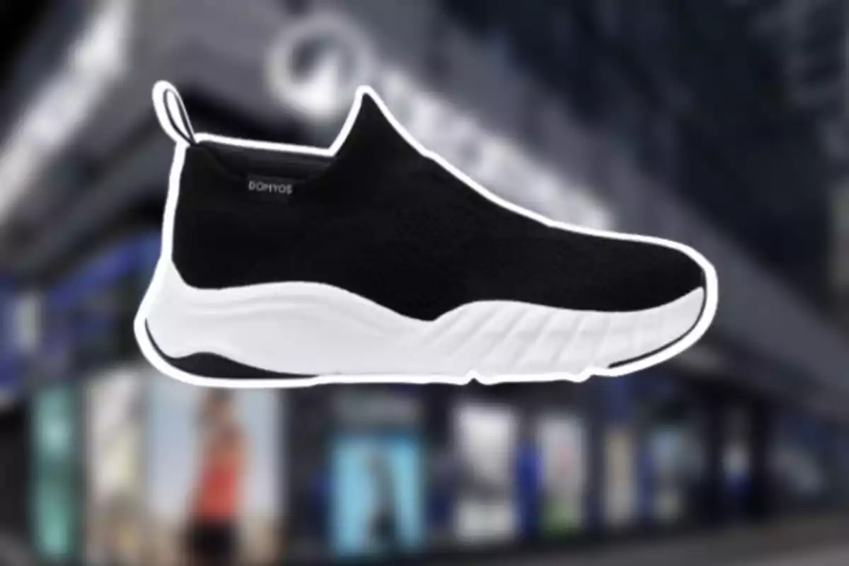 Tenis deportivo negro con suela blanca sobre un fondo desenfocado de tienda Tenis deportivo negro con suela blanca sobre un fondo desenfocado de tienda