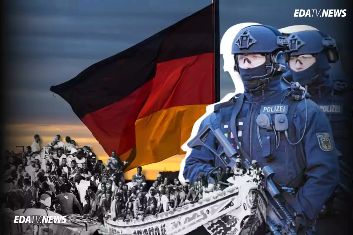 Policías alemanes armados con equipo táctico al frente de una multitud de personas en blanco y negro con una gran bandera de Alemania ondeando al fondo al atardecer