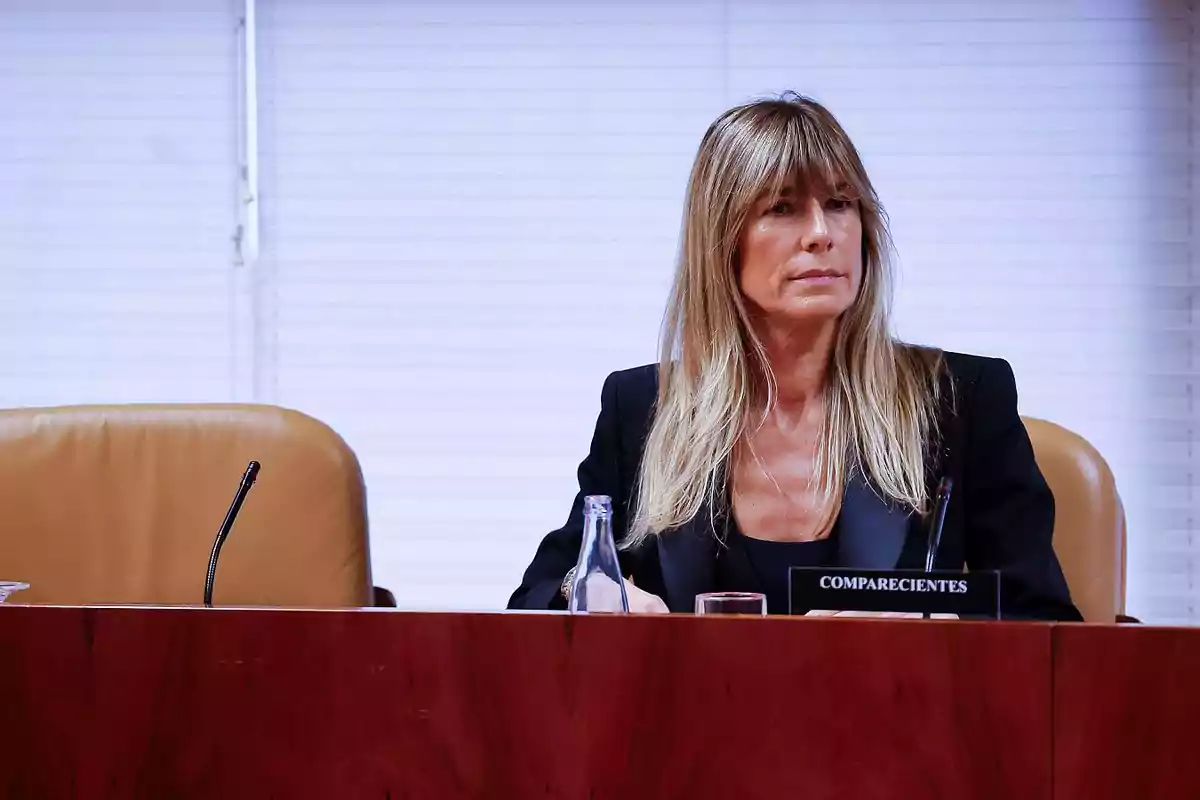 Mujer sentada en una sala de conferencias con un letrero que dice comparecientes frente a ella Mujer sentada en una sala de conferencias con un letrero que dice comparecientes frente a ella