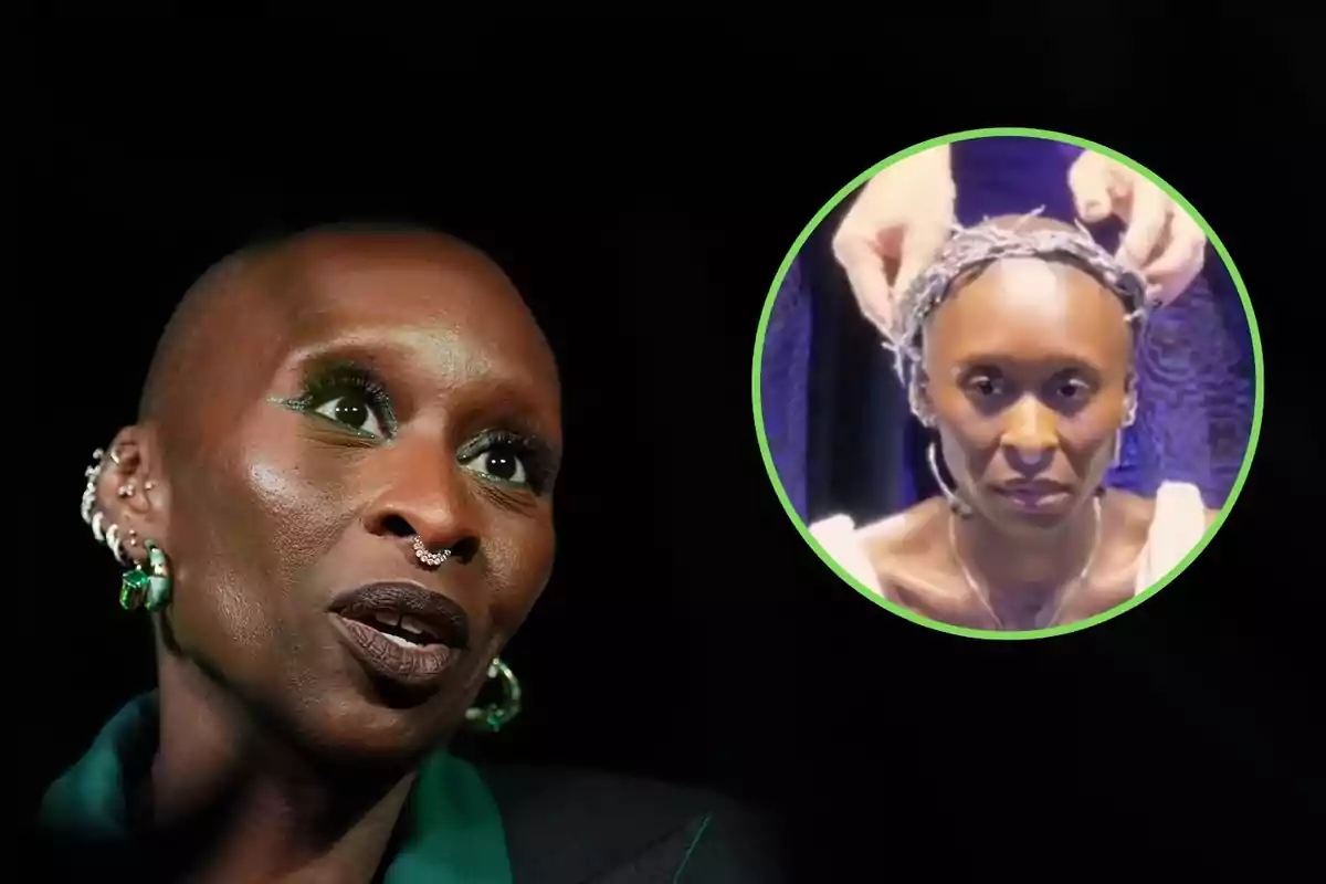 Mujer de piel oscura con maquillaje verde y varios piercings en la oreja y la nariz, junto a un recuadro donde aparece la misma mujer siendo coronada con una diadema trenzada.