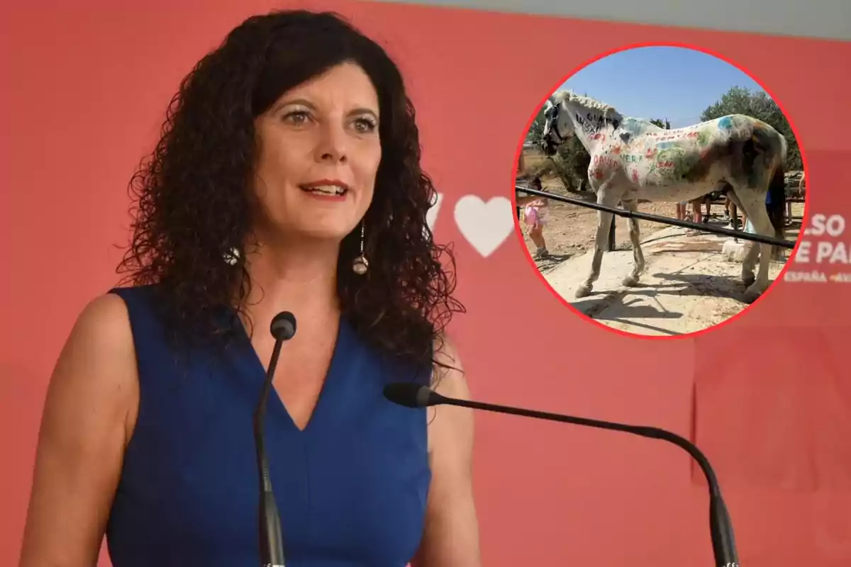 Mujer de cabello rizado y vestido azul hablando frente a micrófonos con fondo rojo y un círculo que muestra un caballo pintado con colores en el lomo