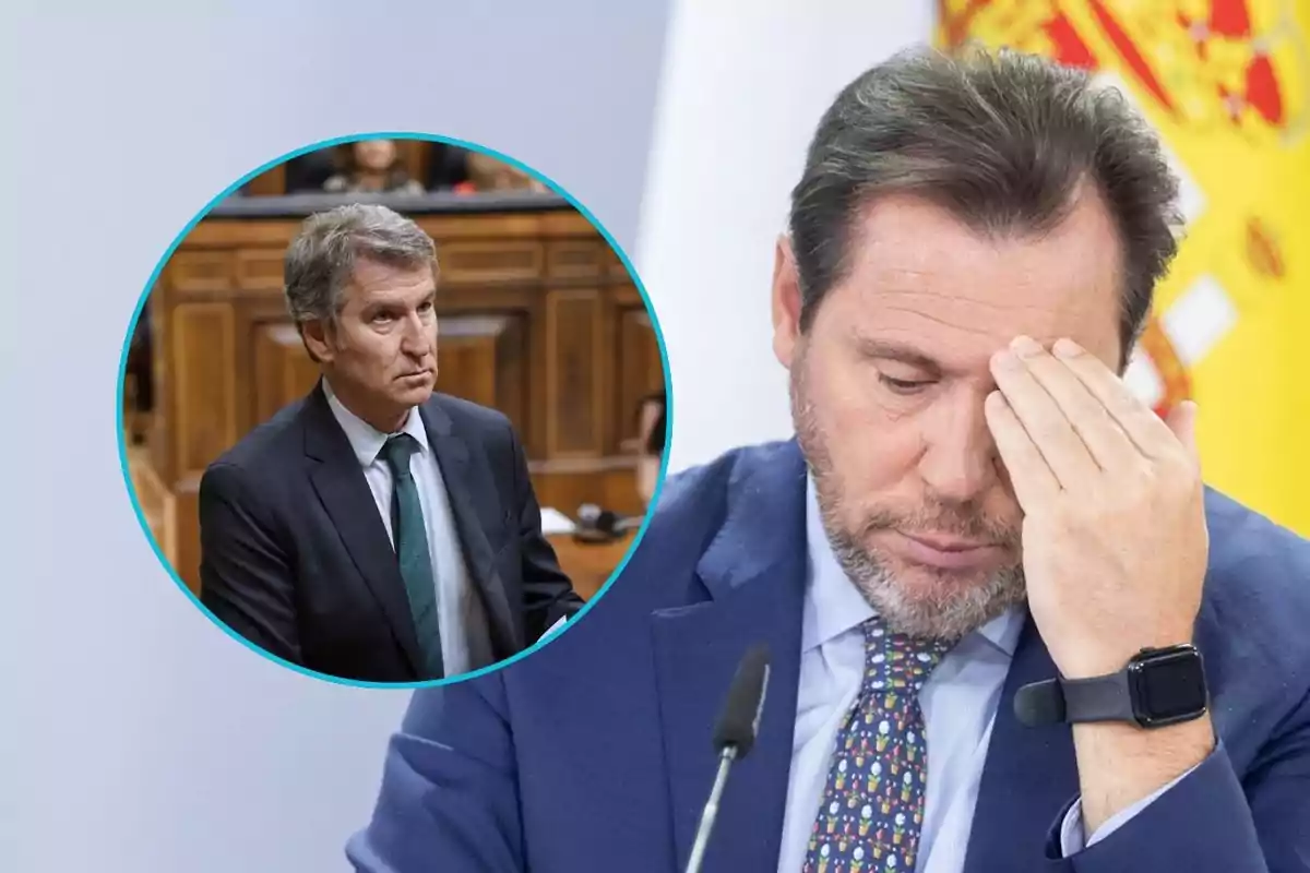 Un hombre con traje y corbata se cubre parte del rostro con la mano mientras al fondo aparece la bandera de España y en un círculo se muestra a otro hombre de cabello canoso con expresión seria en un entorno parlamentario
