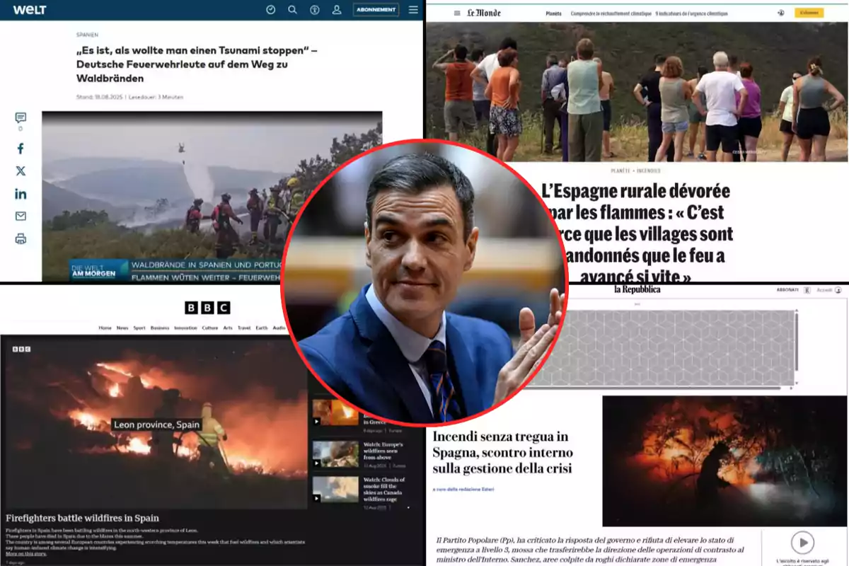 Collage de portadas de medios internacionales informando sobre incendios forestales en España con una imagen central de un hombre en traje dentro de un círculo rojo