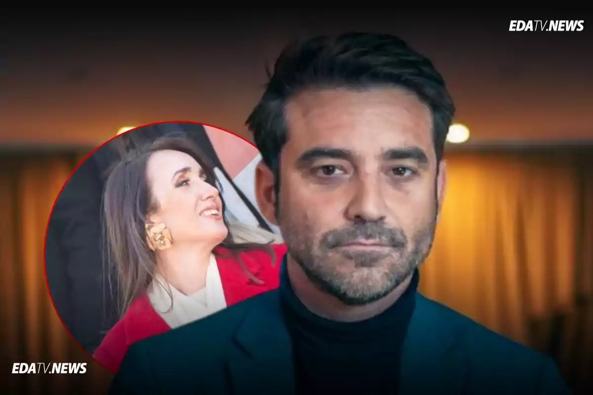 Hombre de cabello oscuro con expresión seria en primer plano y una mujer sonriente en un recuadro circular al fondo