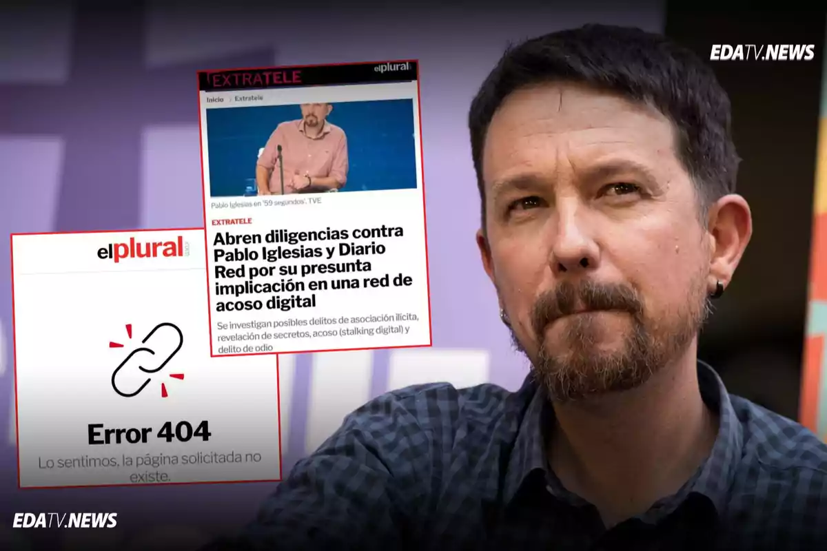 Un hombre con barba y pendiente aparece pensativo junto a capturas de pantalla de noticias sobre la apertura de diligencias por acoso digital y un mensaje de error 404 de una página web.