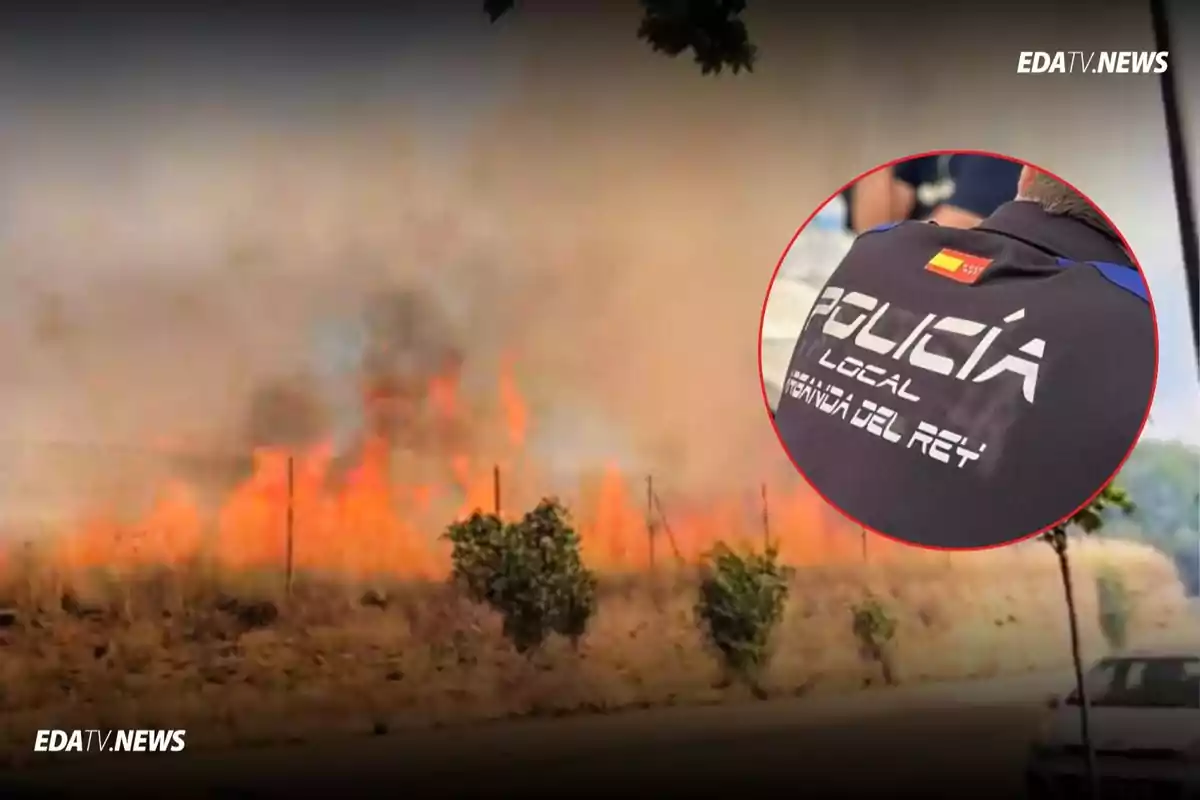 Incendio forestal con llamas y humo cerca de una carretera y un recuadro muestra el uniforme de un agente de la policía local de Morata de Tajuña