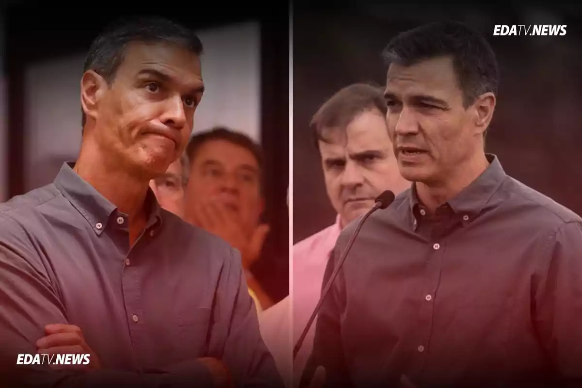 Hombre de cabello corto y camisa gris aparece en dos escenas diferentes, en una con expresión seria y brazos cruzados y en otra hablando frente a un micrófono acompañado de otras personas al fondo