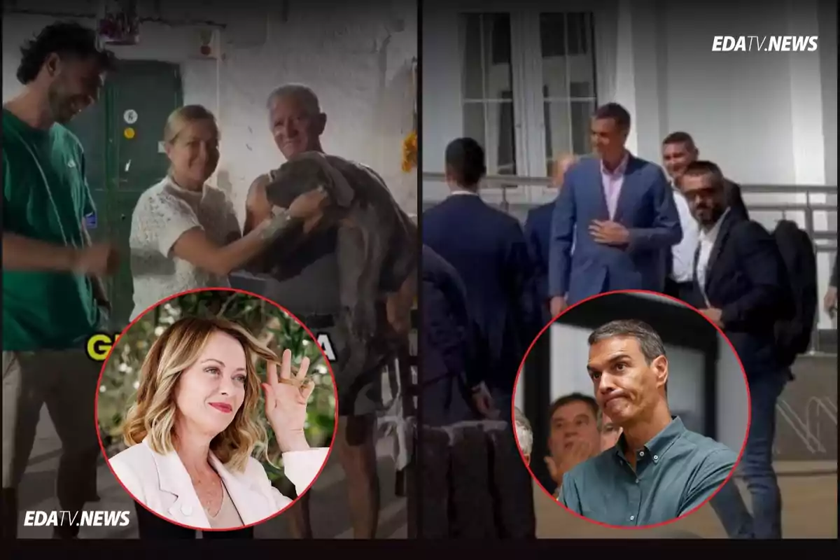 Montaje dividido en dos partes con personas en diferentes situaciones, en la parte izquierda un grupo sonríe junto a un perro y en la parte derecha varias personas de traje conversan, cada lado tiene un círculo con el retrato de una persona en primer plano