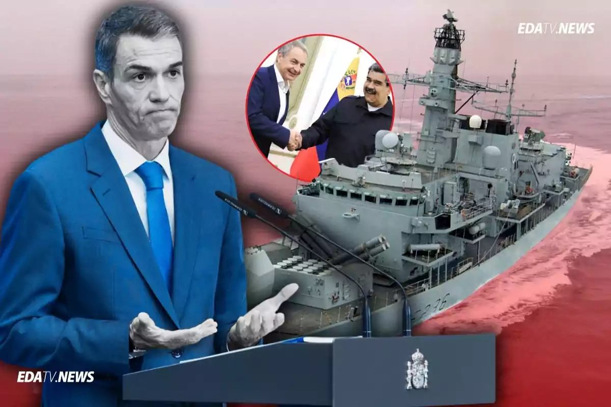 Un hombre con expresión seria en un podio oficial, un barco militar en el mar y una imagen circular de dos personas dándose la mano frente a una bandera
