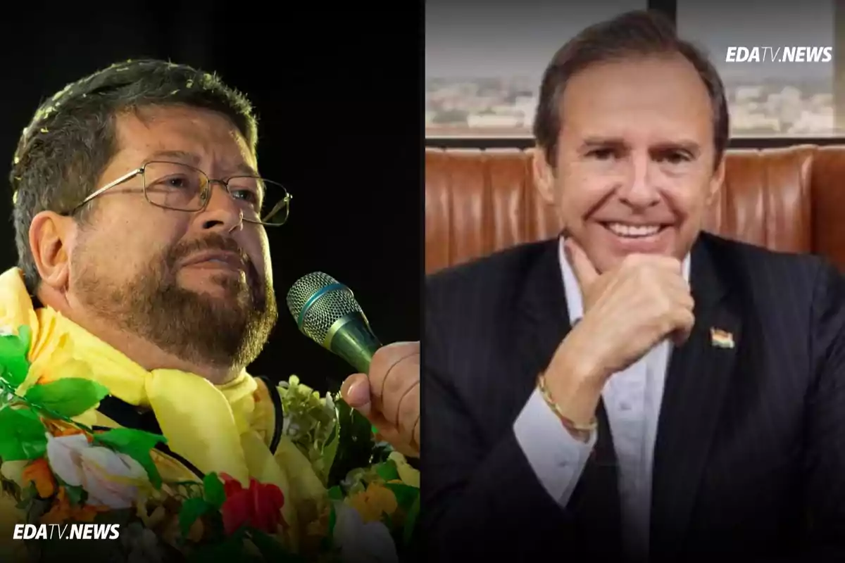 Dos hombres aparecen en la imagen, uno de ellos sostiene un micrófono y lleva una guirnalda de flores, mientras que el otro está sentado, sonríe y apoya su mano en el mentón.