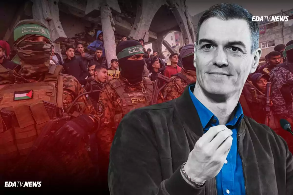 Un hombre en primer plano con expresión seria y fondo de soldados armados y personas en ruinas