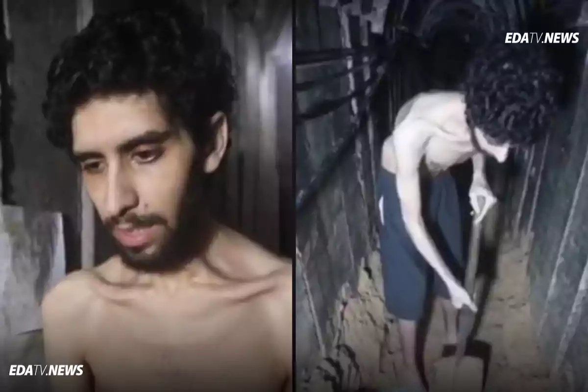 Un hombre delgado y sin camiseta aparece en un túnel subterráneo, en una imagen está de cerca y en la otra está cavando con una pala.